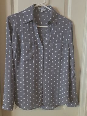 Express Light Gray Polka Dot Button-Down Blouse
